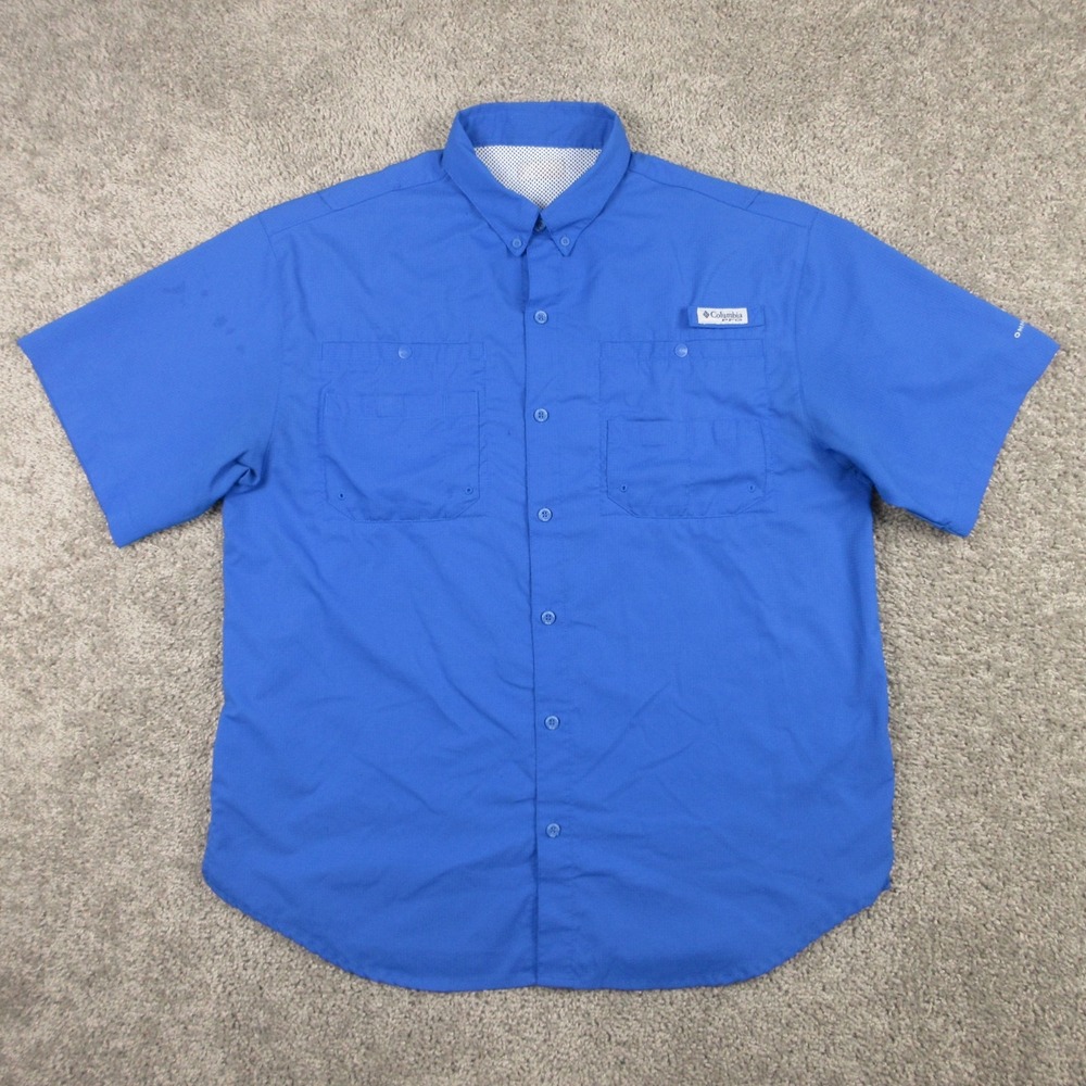 Columbia PFG Shirt Mens Large Blue Omni-Shade Fishing Pockets Outdoor Button Up